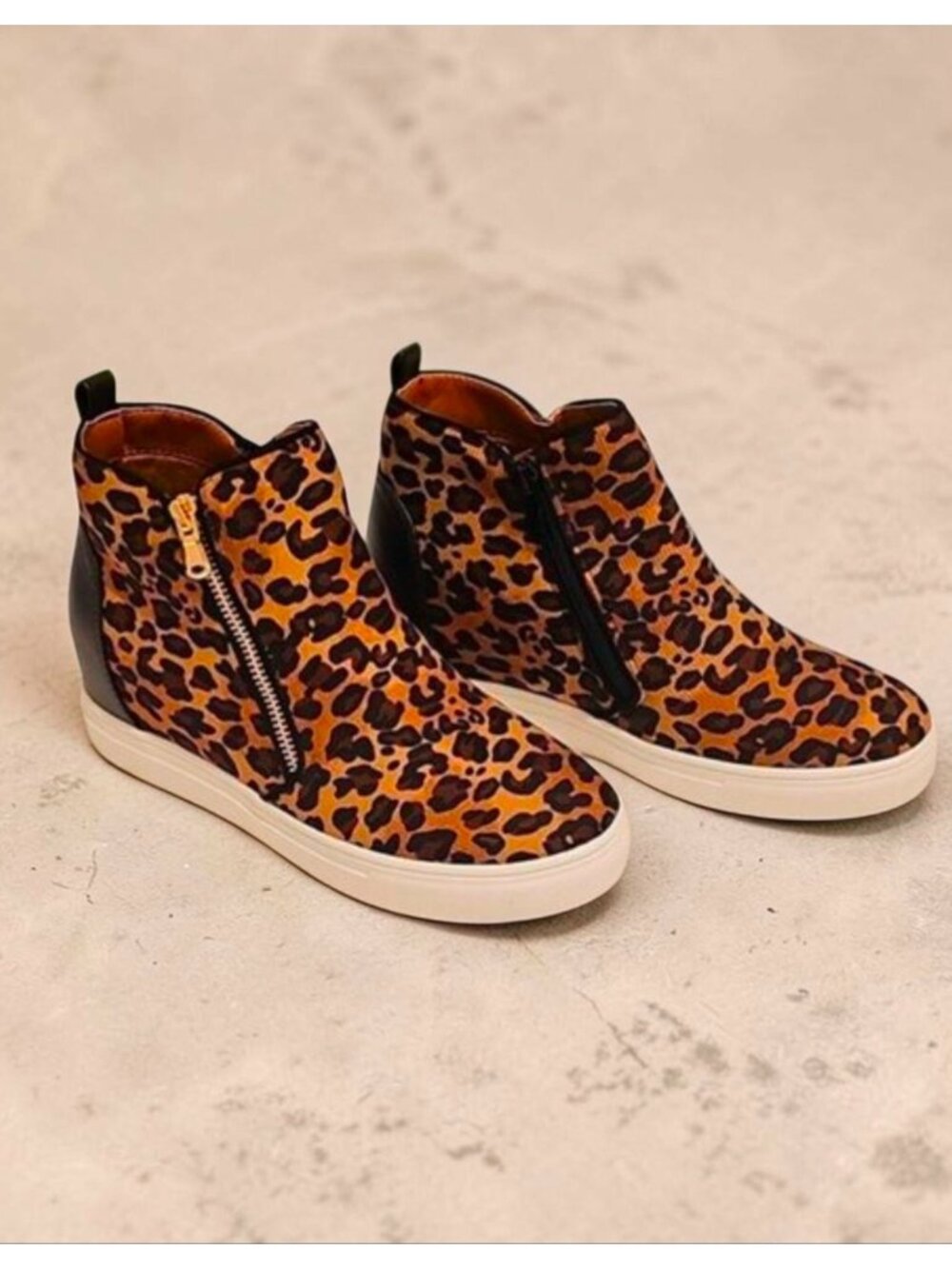 Leopard Print Wedge Sneakers With Side Zipper & Black Accents